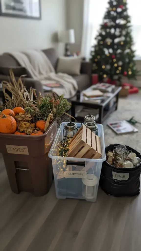 Three sorting bins for the post-Thanksgiving decoration takedown