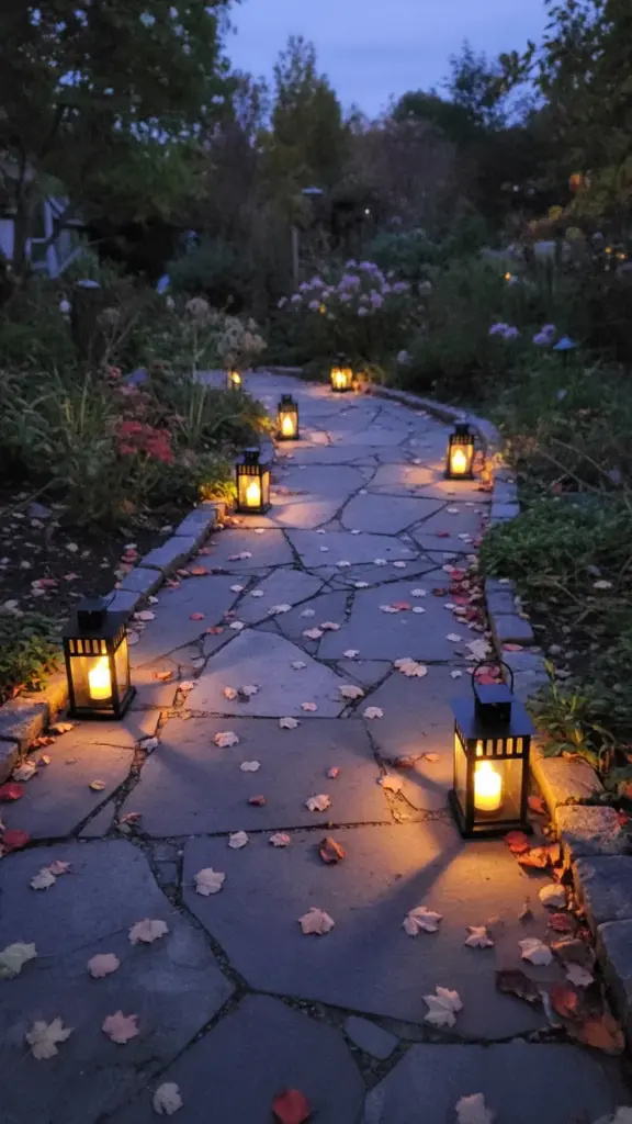 LED lanterns lining a garden walkway at dusk