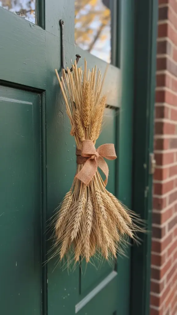 A dried wheat swag tied with twine hanging on a front door