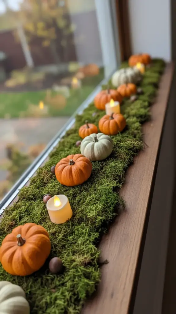 A windowsill dressed with moss, mini gourds, and tea lights