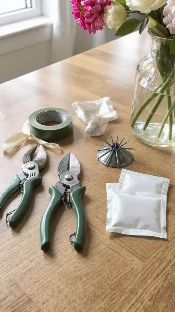 A flat lay of flower conditioning tools: pruners, flower food packets, tape, frog, vase