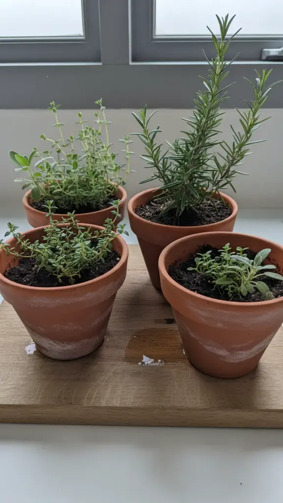 Unglazed pots of rosemary, thyme and sage clustered on a timber board