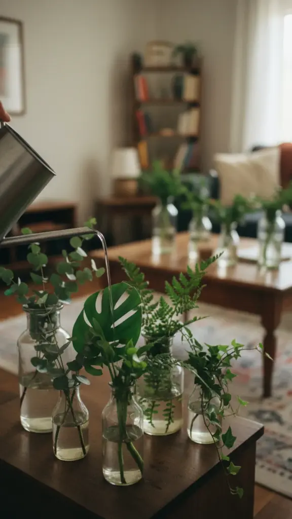 A watering can topping up water in vases of fresh greens around a living room