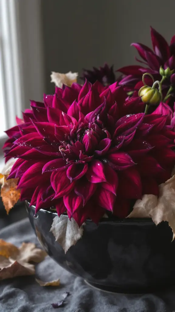 Lush dahlias in deep burgundy arranged front and center of a fall centerpiece