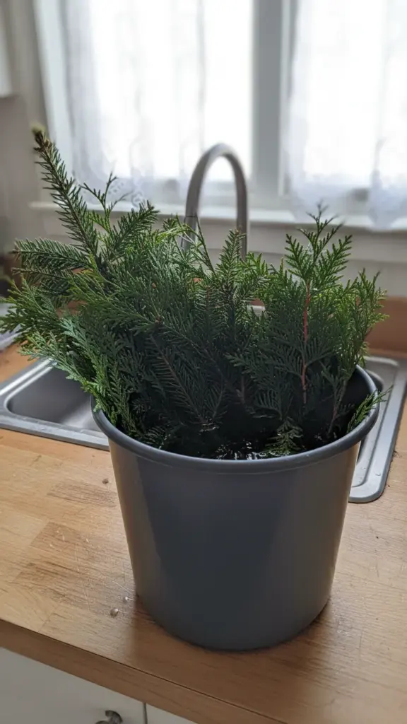 Evergreen cuttings soaking upright in a deep bucket of water in a kitchen