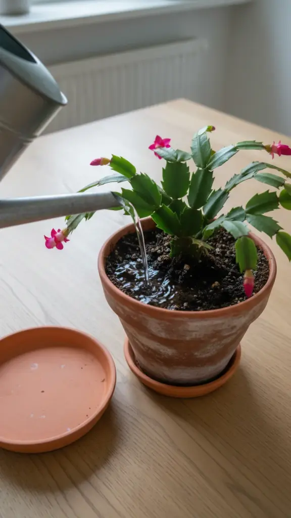 Watering a holiday cactus thoroughly with a saucer ready to empty