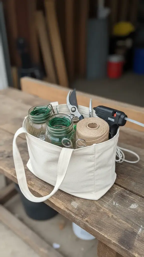 Canvas tote with floral wire, twine spool, pruning shears, and glue gun on a workbench