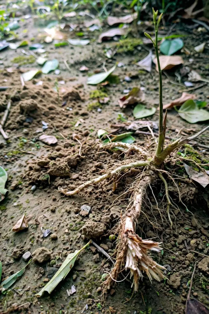 Anting-anting plant base with scratched soil and exposed roots where an animal disturbed it