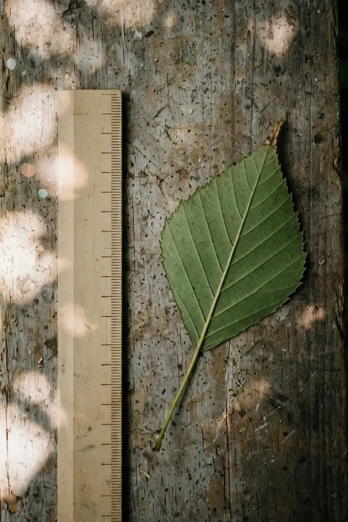 Rhombic-ovate anting-anting leaf on a timber board beside a wooden ruler for scale