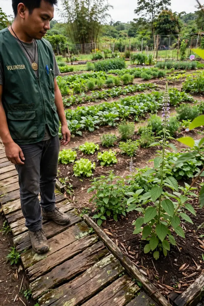 Lone anting-anting volunteer standing at the edge of a mulched garden bed