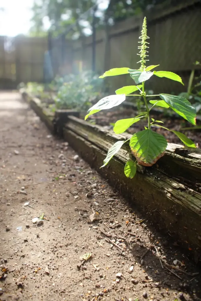 Anting-anting plant behind low timber edging at a garden path, kept out of the walkway