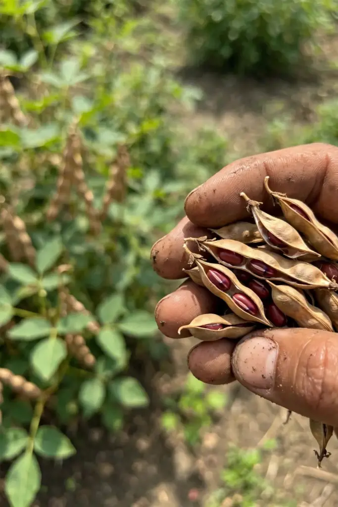 Hand holding dry tan adzuki bean pods at harvest time