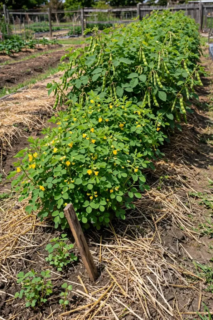 Adzuki bean plants at seedling, flowering, and pod stages in one row