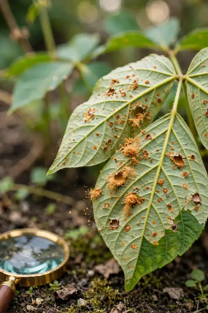Close-up of adzuki bean leaf with rust pustules for diagnosis