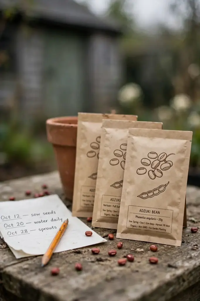 Seed packets of adzuki bean varieties lined up for selection