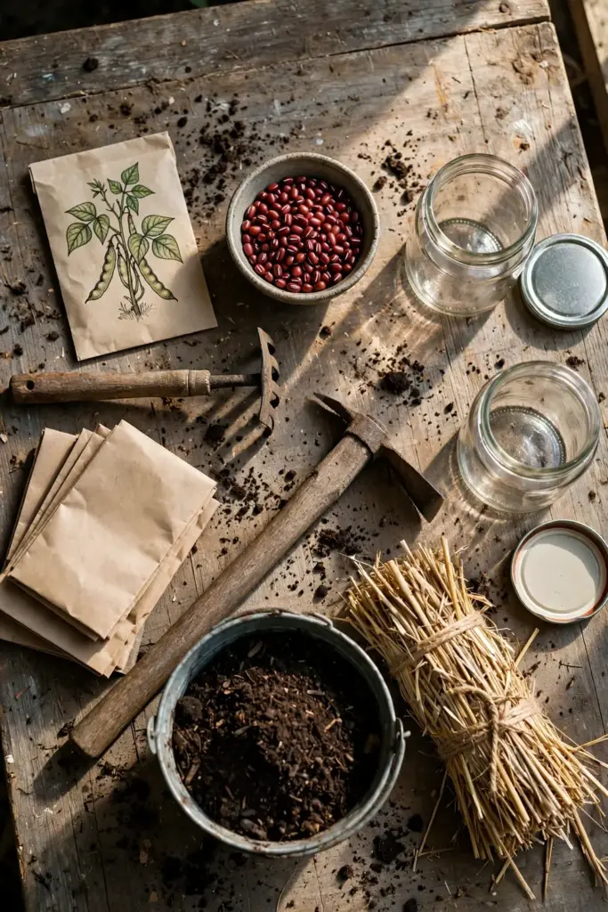 Flat lay of adzuki bean seeds, rake, compost, mulch, and storage jars
