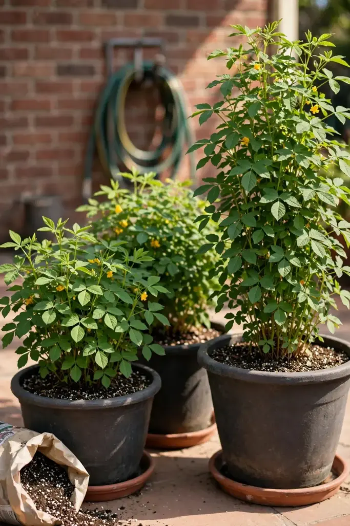 Adzuki bean plants growing in large pots on a sunny patio