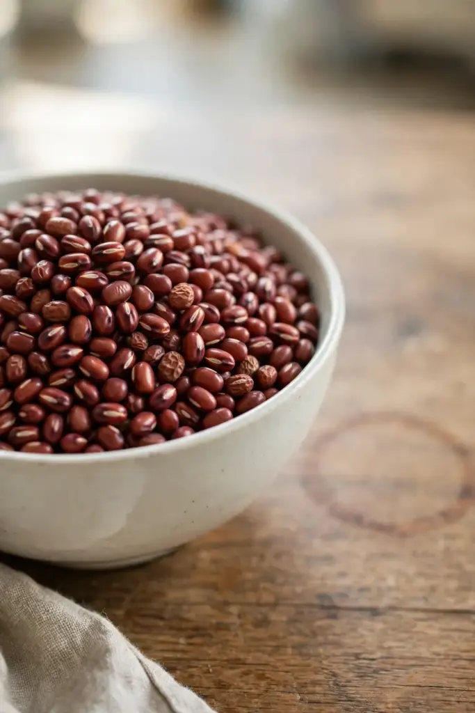Close-up of dry adzuki beans showing small deep red-brown seeds