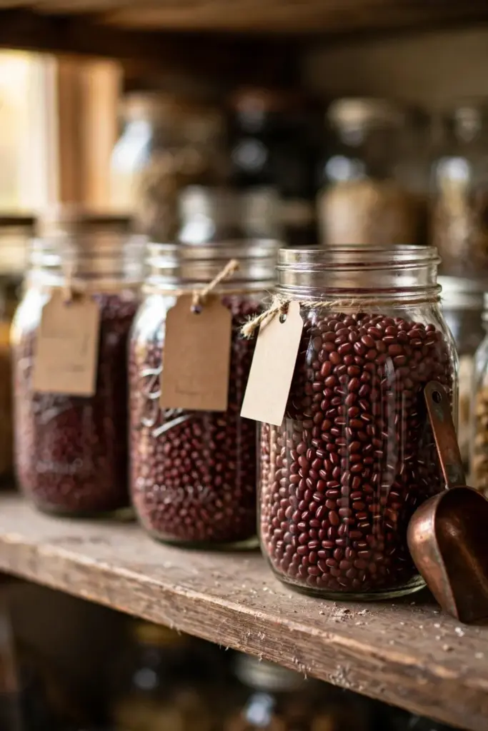 Glass jars of dry adzuki beans lined up on a pantry shelf