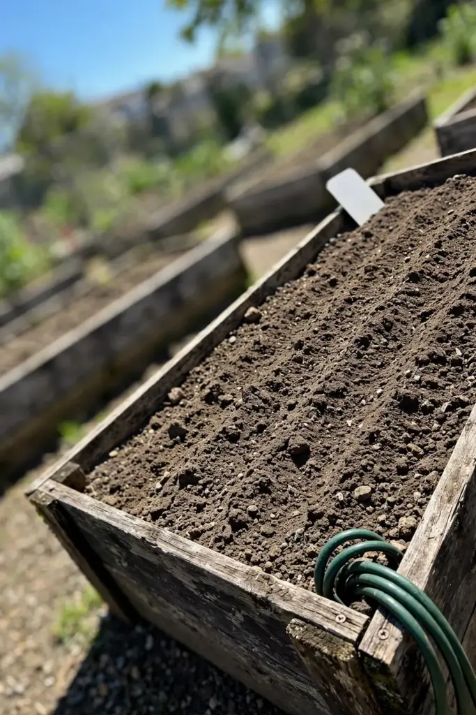 Sunny raised garden bed ready for warm-season bean planting