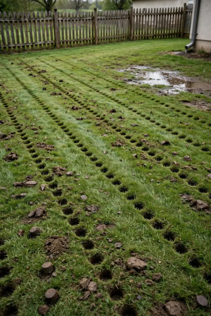 Aeration holes and soil plugs across a Buffalo lawn after coring
