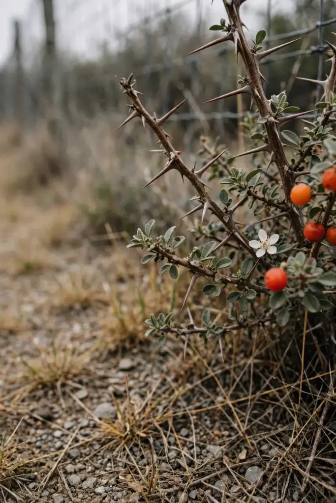 African boxthorn thorny stems with small leaves and orange berries