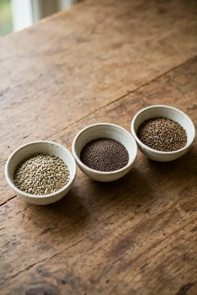 Three small bowls of ajwain, celery seed, and caraway seeds side by side