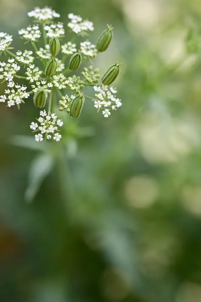Macro of ajwain compound umbel with tiny white flowers and forming seeds