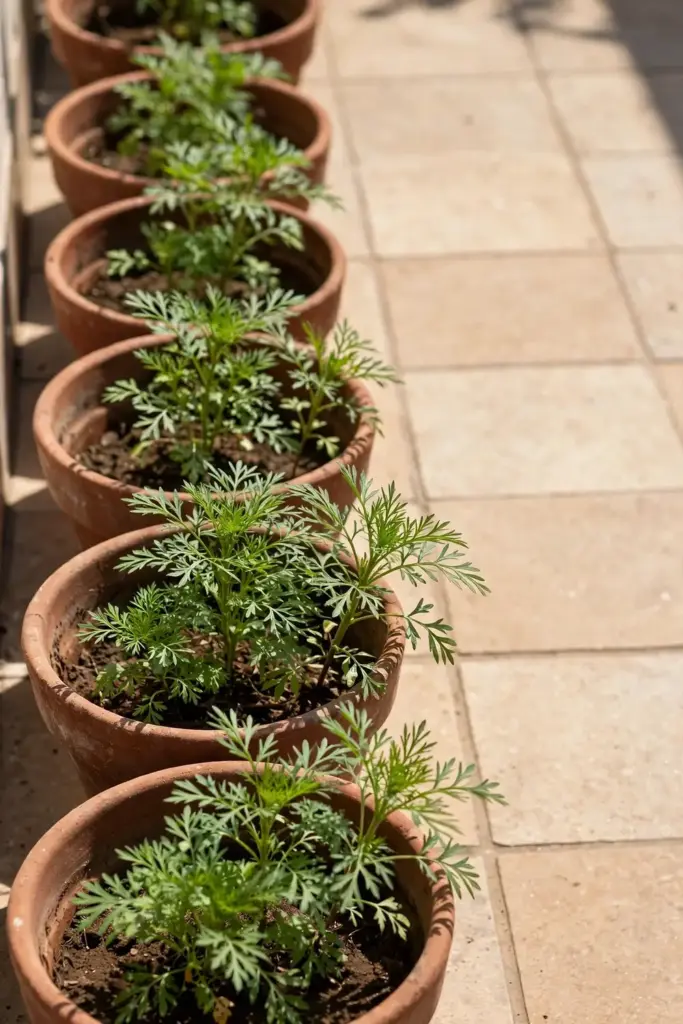 Ajwain pots in full sun on a bright patio