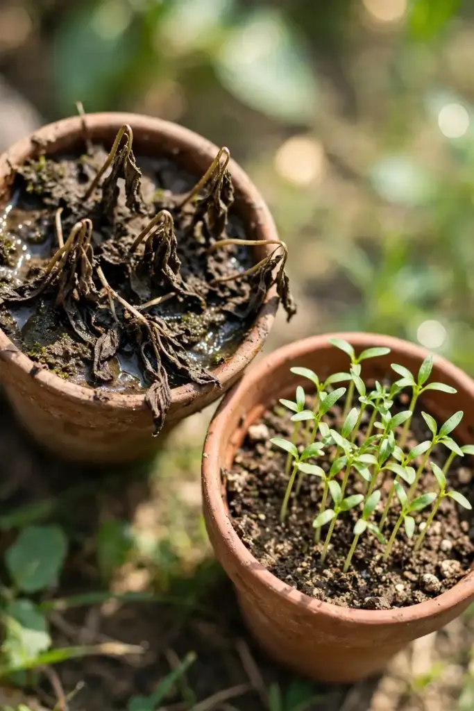 Damped-off ajwain seedlings in waterlogged soil versus healthy ones