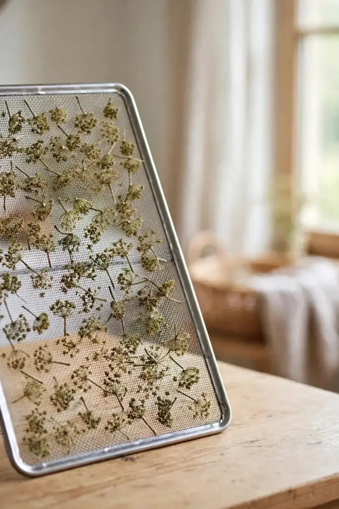 Cut ajwain umbels drying in a single layer on a tray