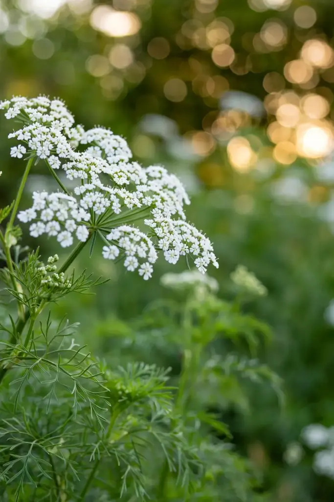 Ajwain plant with flat-topped clusters of tiny white flowers