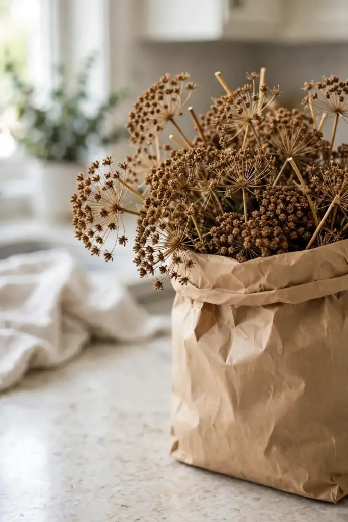 Paper bag of freshly cut brown ajwain seed umbels from the garden