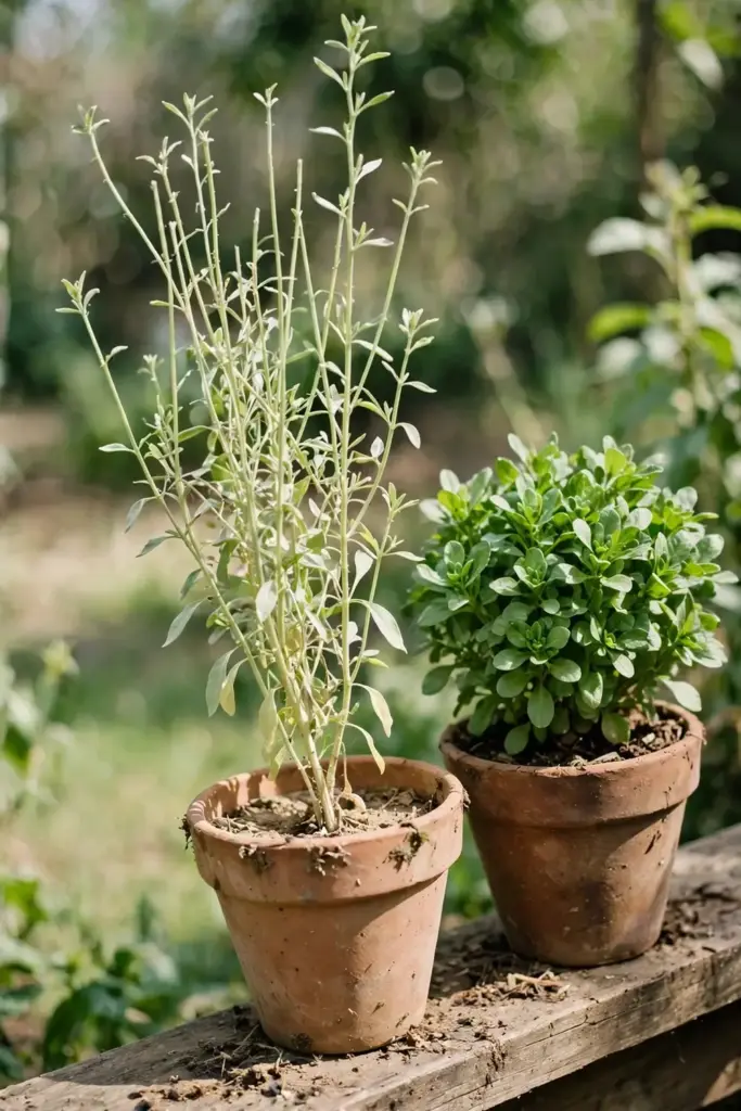 Leggy pale ajwain plant in shade next to a stocky healthy plant in sun