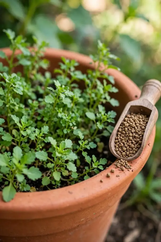 Small amount of organic granular fertilizer beside an ajwain pot