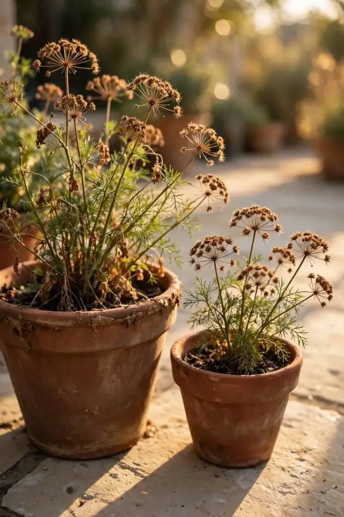Mature ajwain pots with seed heads on a sunny patio at day end