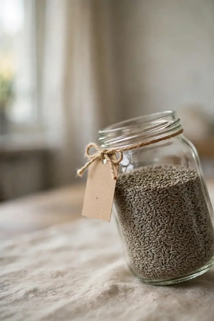 Glass jar of clean ajwain seeds with a handwritten harvest label