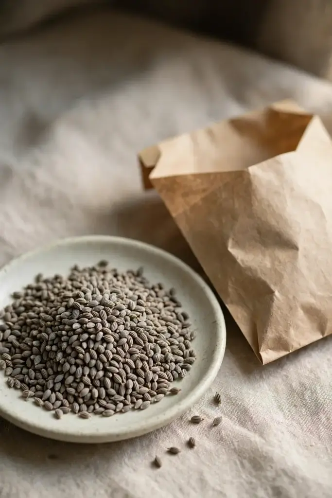 Close-up of ajwain seeds in a small dish beside a seed packet