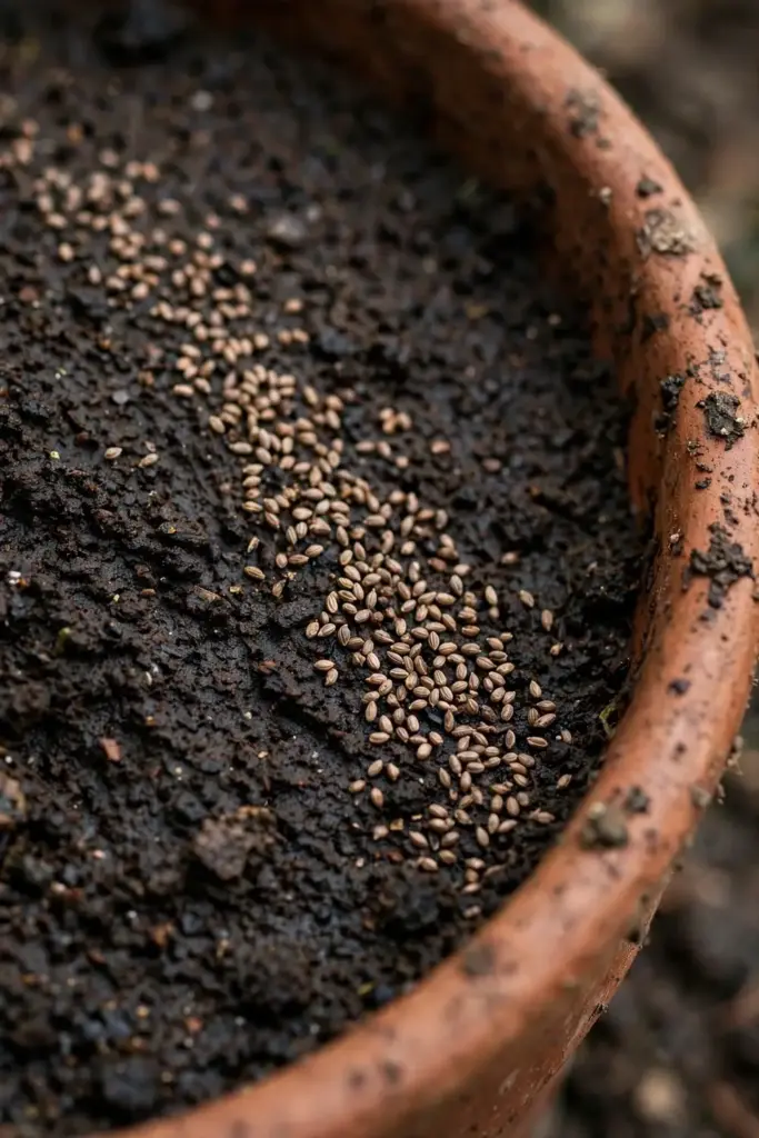 Ajwain seeds scattered on the soil surface of a pot