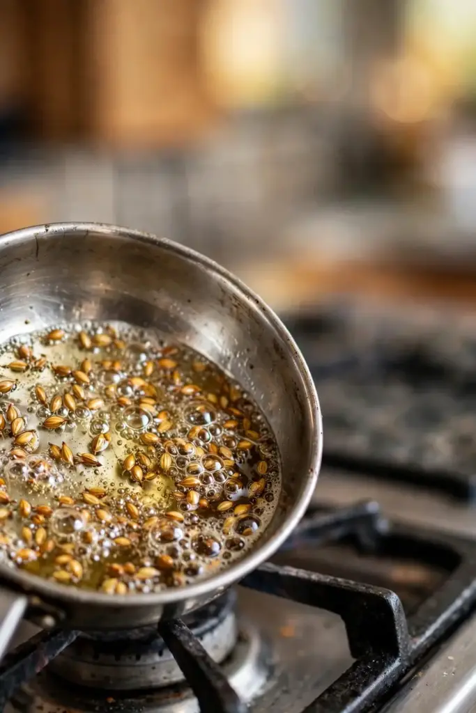 Ajwain seeds sizzling in hot oil in a small pan
