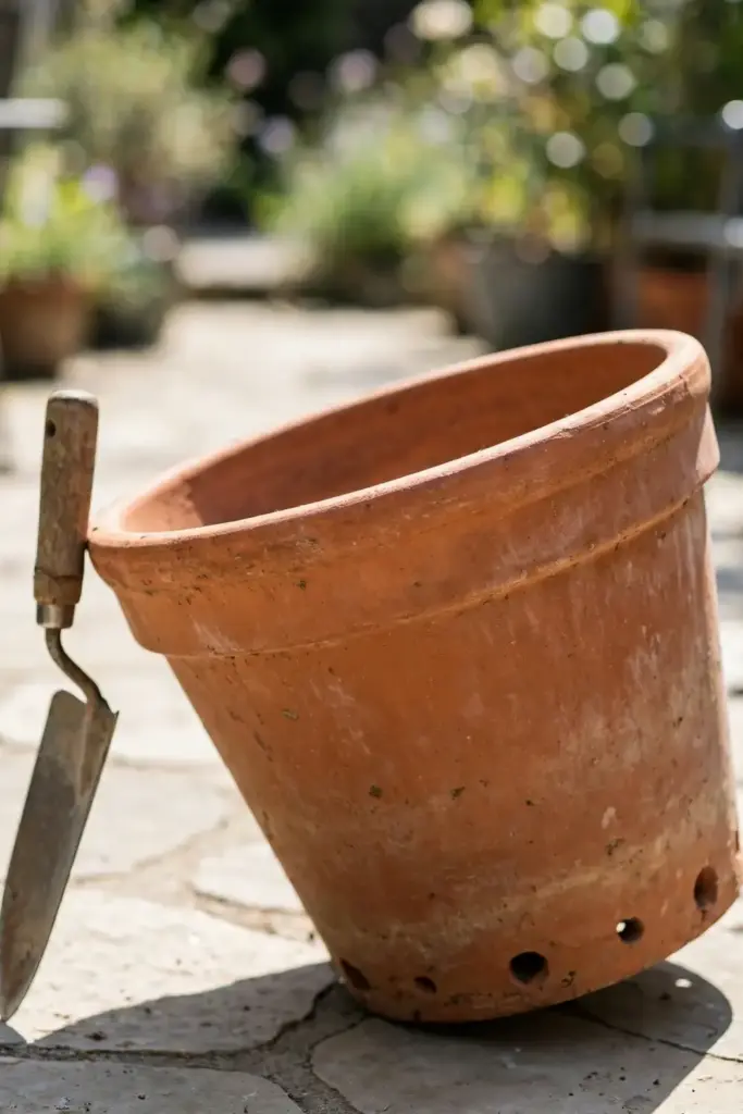 Empty terracotta pot with drainage holes beside a bag of potting mix