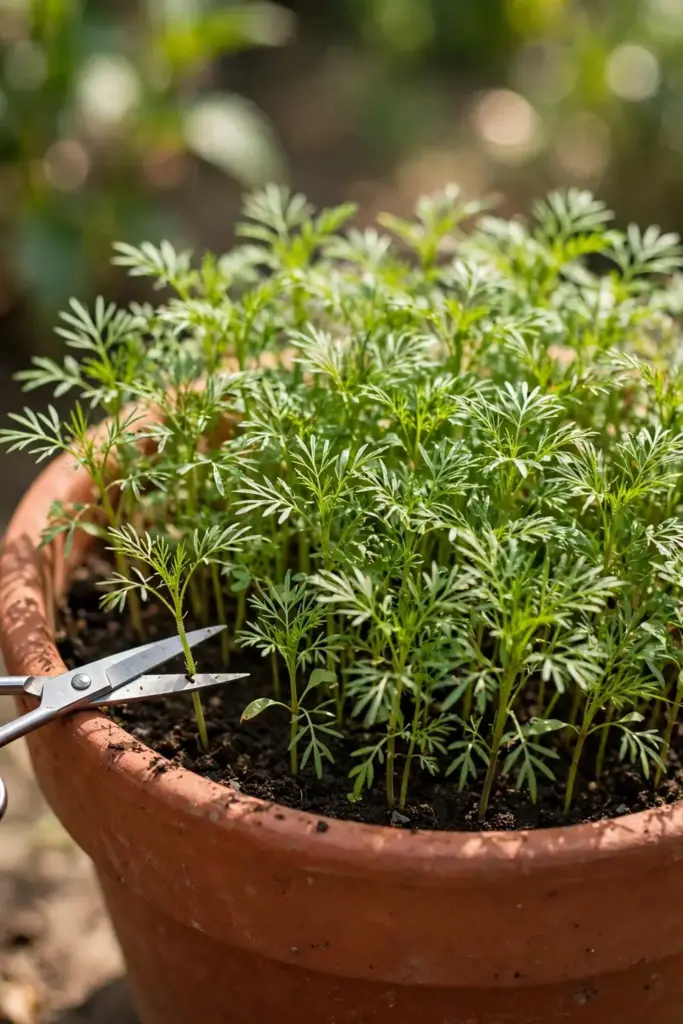 Dense ajwain seedlings in a pot with one seedling being snipped