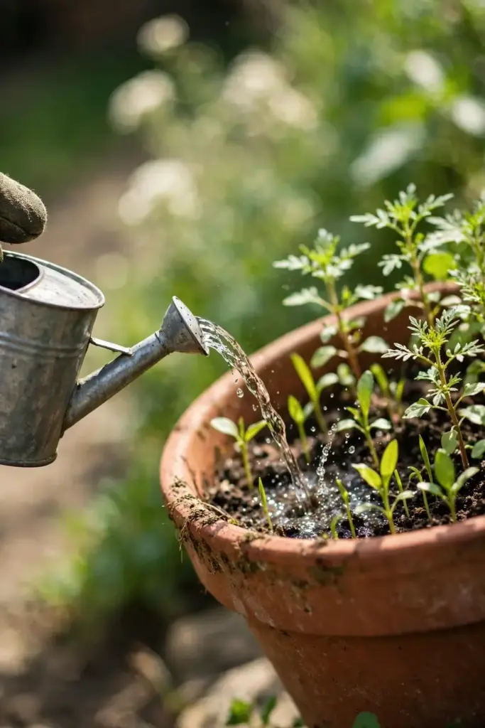 A worn garden mitt hand watering an ajwain pot with a small watering can