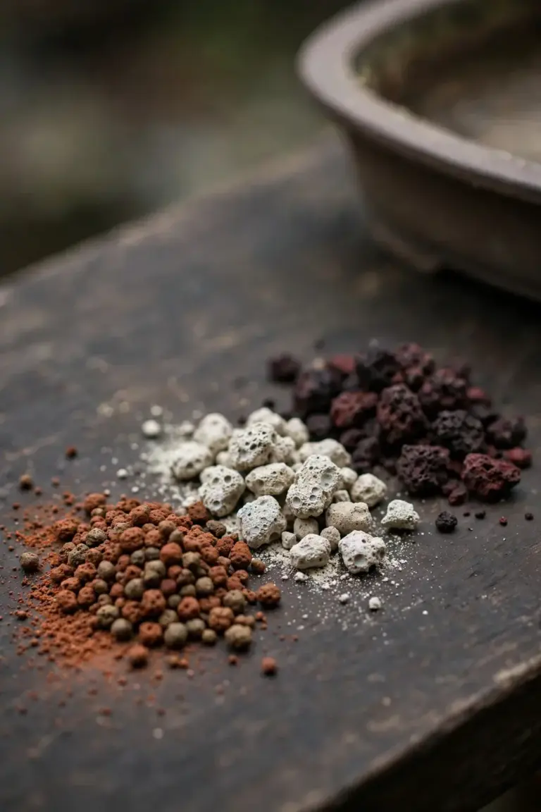 Close-up of akadama, pumice, and lava rock granules for bonsai soil