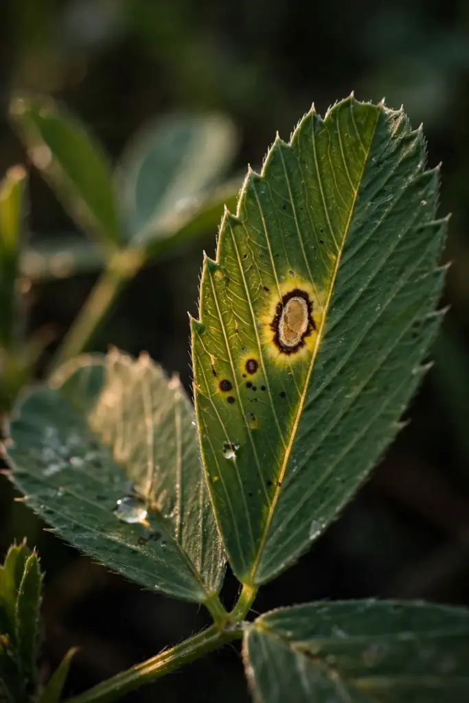 Macro of an alfalfa leaflet with an eyespot lesion, tan center and yellow halo.