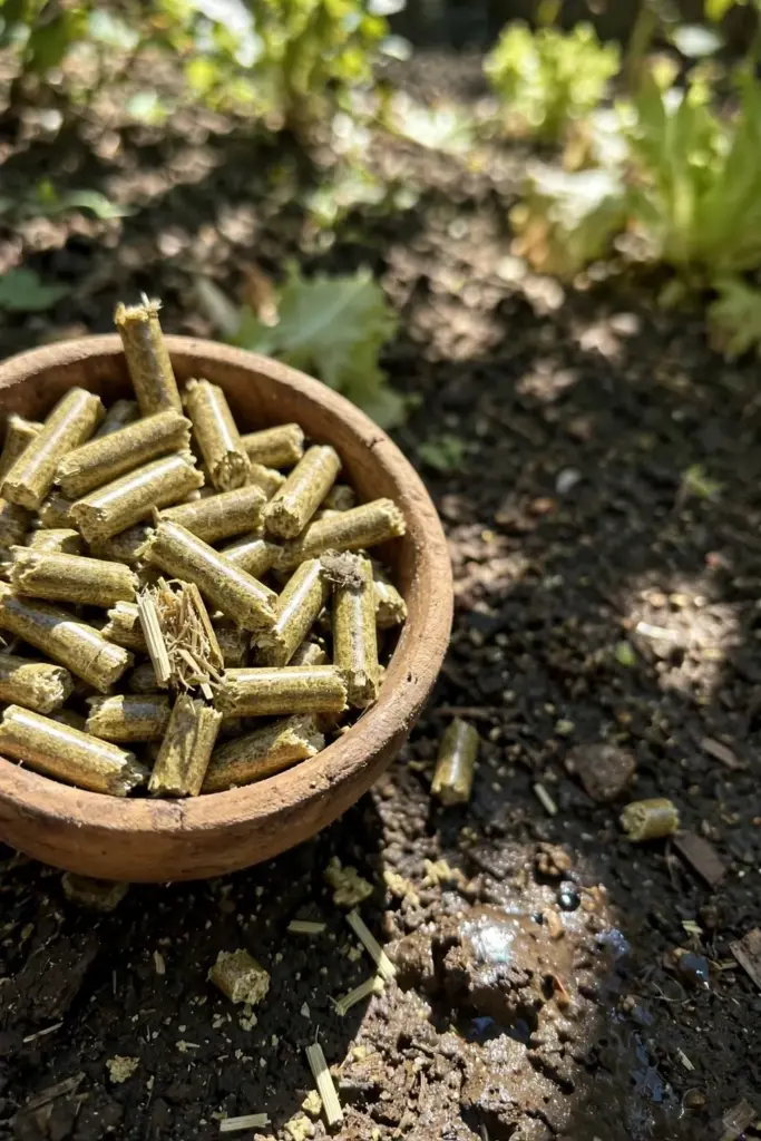 Green-tan alfalfa pellets in a wooden bowl on a vegetable bed