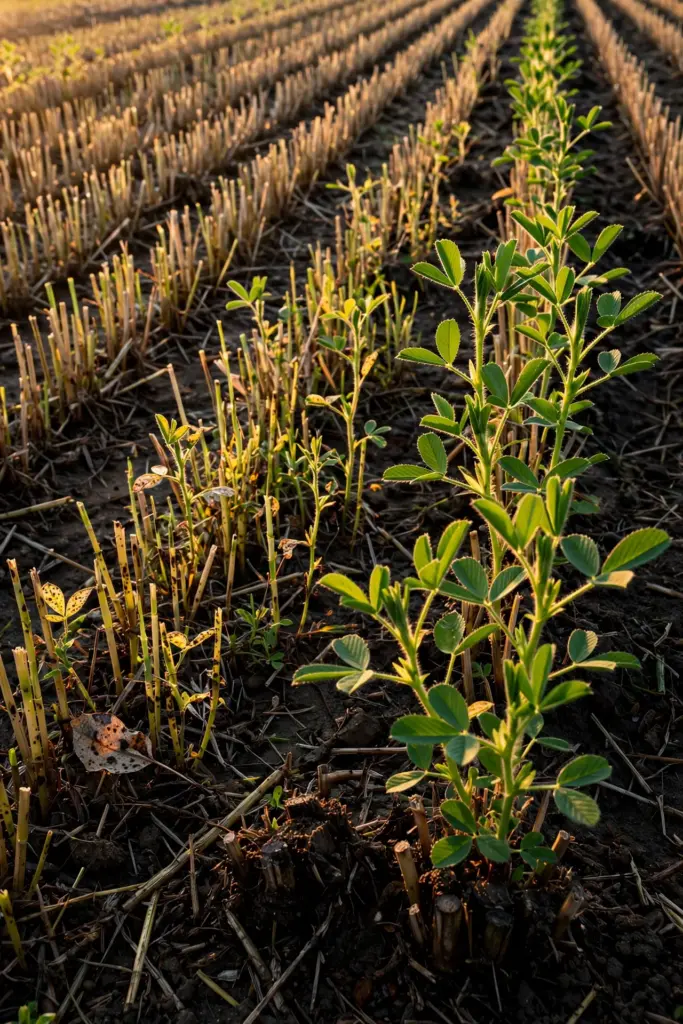 Alfalfa regrowth rising from crowns after an early cut.