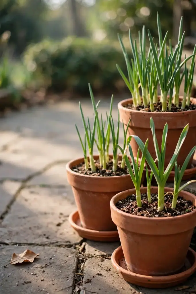 Onions and garlic growing in containers with fresh potting mix on a patio.