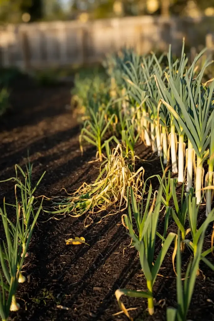 Allium row with one patch collapsed from white rot among healthy onions and leeks.