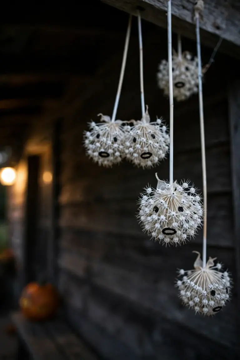 White-painted dried allium seed heads with painted eyes hanging as ghost ornaments from a porch beam
